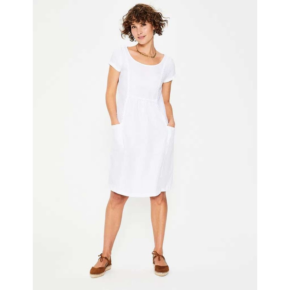 Boden Alberta Linen Shift Dress Womens 10P White Lace Trim Pockets